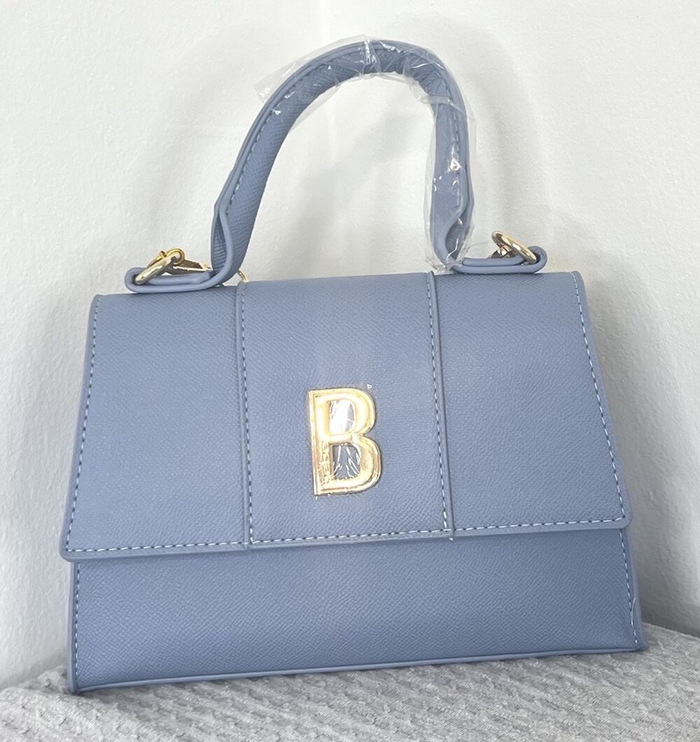 Bebe Ambella Satchel Blue Slate Top Handle Crossbody Chain Strap NWT Glam Luxury